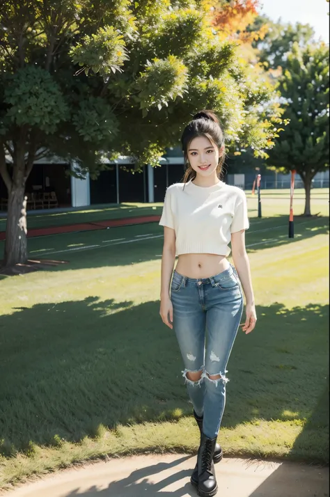 Best quality，Extreme details，masterpiece，illustration，1 girl，slim，Very short ponytail，Firm gaze，Confident smile，White high collar short sleeve sheer sweater，belly button，Skinny jeans，wearing black combat boots，Standing by the pergola，Come on，Outdoor track ...