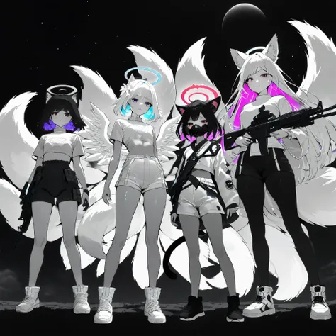 4girls, full body, cosmic sky, on the hill, black hole in the background,
(cat girl, white monochrome body, tactical outfit, whi...