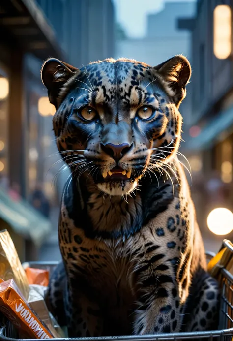 The Best Black Friday Ads and Deals .(Masterpiece, Best Quality, Highres:1.2) High-quality, Cinematic Style  photograph of a black panther Sitting inside a shopping cart, the shopping cart is full of shopping and gifts, the background is in a hyper aisle, ...