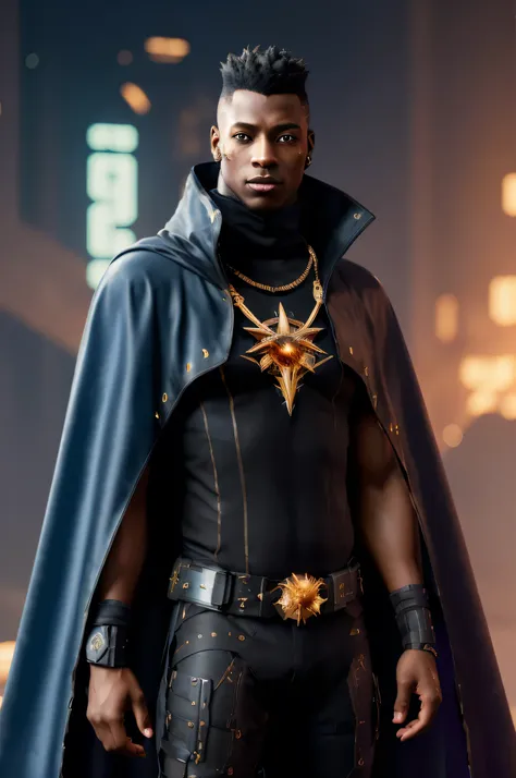 VkR cyberpunk elite dark skinned male gamer with cape, golden iris, time celestial sigil centralized behind him, black hole ability.