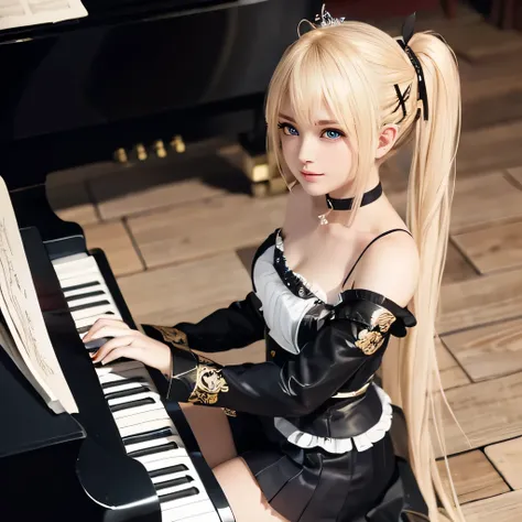 Playing piano, Marie Rose, anime girl with blonde hair and hair ornament, playing drum, playing piano, Gothic costum, short skirt, high detail, 4k, best graphic, no blur, 