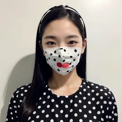 、１The woman has black and white polka dots painted all over her face.、Fully painted face、Black and white polka dot outfit、