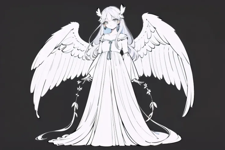 Full body portrait of 1 girl, angelicales, Angel wings, Gorgeous long dress, standing on your feet, (((solo))), Clear facial features, Simple line design, ((Solid black background)), tarot design, Standing drawings of characters, ((flatcolors)), (tmasterpi...