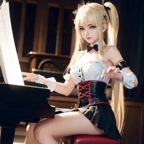 Playing piano, Marie Rose, anime girl with blonde hair and hair ornament, playing drum, playing piano, Gothic costum, short skirt, high detail, 4k, best graphic, no blur, 