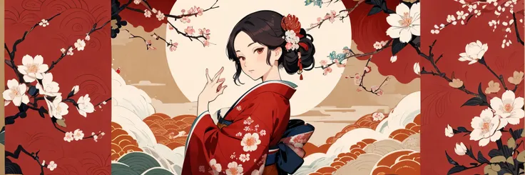 Katsushika Hokusai style, unreal world, high detail illustration, Design an illustration of a young woman in a traditional Japanese kimono adorned with detailed floral embroidery. She is surrounded by a tapestry-like background of blooming flowers, evoking...