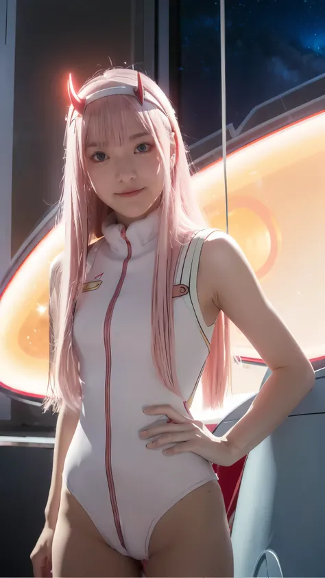 dynamic angle,ultra-detailed, illustration, straight on, 1girl, ((Zero two, interface headband with a pair of horns, red bodysuit:1.4, pink hair)), Her eyes shone like dreamy stars,(glowing eyes:1.233),(beautiful and detailed eyes:1.1),(expressionless, clo...