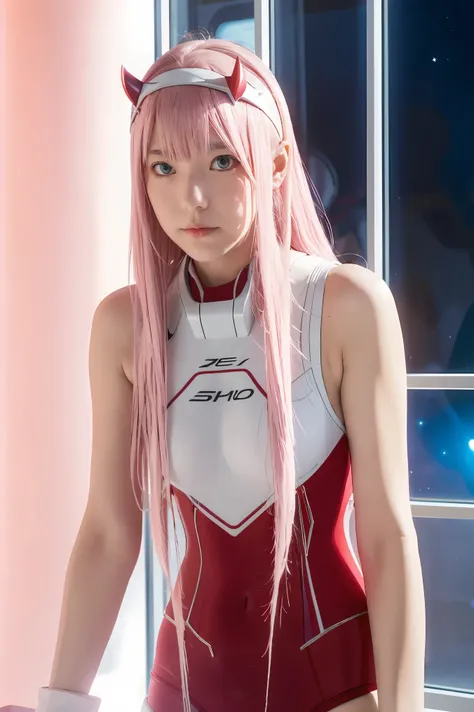 dynamic angle,ultra-detailed, illustration, straight on, 1girl, ((Zero two, interface headband with a pair of horns, red bodysuit:1.4, pink hair)), Her eyes shone like dreamy stars,(glowing eyes:1.233),(beautiful and detailed eyes:1.1),(expressionless, clo...