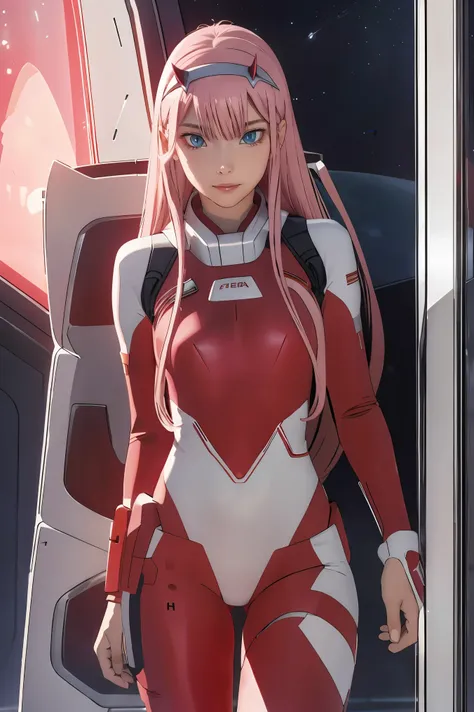 dynamic angle,ultra-detailed, illustration, straight on, 1girl, ((Zero two, interface headband with a pair of horns, red bodysuit:1.4, pink hair)), Her eyes shone like dreamy stars,(glowing eyes:1.233),(beautiful and detailed eyes:1.1),(expressionless, clo...
