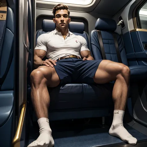 full view full body, preppy handsome muscular bodybuilder male with light-brown preppy undercut haircut, in navy-blue bermuda shorts with dark-brown belt, pink long socks and dark-brown leather penny loafers , white Ralph Lauren shirt, gold signet ring, se...