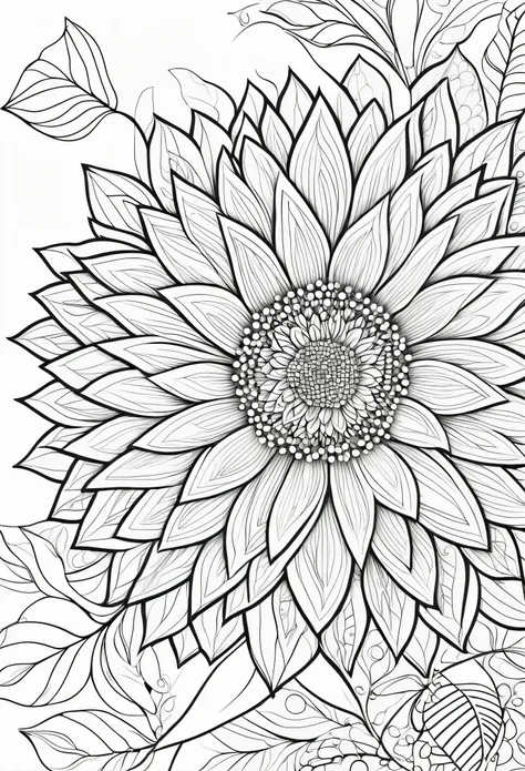 An amazing black and white line art coloring page designed for adults with a white background. o Large flower details with spaces to work on shadows and textures. It is adorned with intricate patterns including floral and geometric designs.., making it an ...