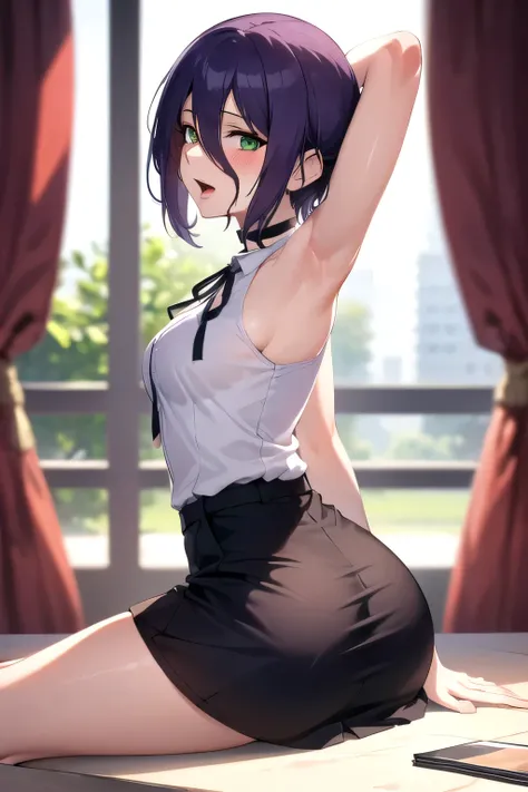 1girl, arm behind head, arm up, armpits, bare shoulders, black neckwear, black ribbon, blurry, blurry background, breasts, choker, curtains, day, hair between eyes, indoors, lips, looking at viewer, medium breasts, neck ribbon, open mouth, reze (chainsaw m...