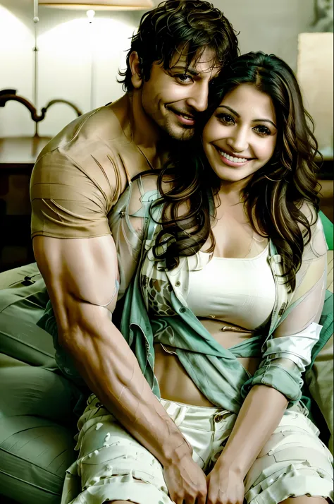 Anuksha sharma with dwayne johnson . he is sitting on the sofa at home. She is sitting on his lap. He hugged her while she was on his lap and squeezed her breasts. She is wearing shorts like a rapper, not closeup, husband and wife, smiling laugh , happy, h...