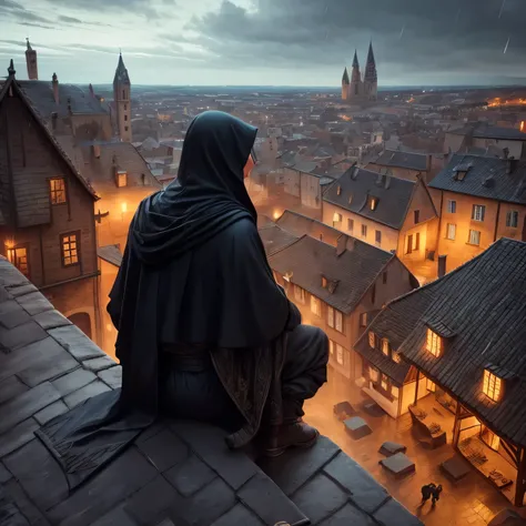 a dark hooded man sitting hanging leg on a rooftop in a medieval town, powerful, 1 man, side view, overlooking the town, medieval town, raining, moody atmosphere, cinematic, 8k , fantasy style, highly detailed