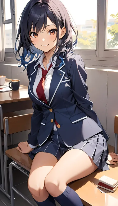 beautiful skin, healthy tanned skin, 
high school girl, alone, 
the fascinating side, 
open shirt, navy blue knee socks, loafers...