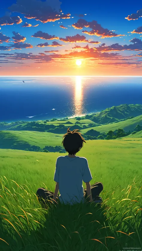 high Quality, 8k ultra hd. The image shows a boy sitting anime watching The terrifying ocean at sunrise from a grassy hill, with a background of vibrant blue sky and red and orange hues of the sun. anime art wallpaper 4k, Shen Che-Tsol digital art hell twi...