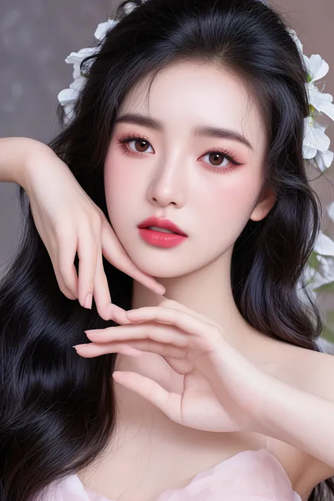 there is a woman with long black hair and a flower crown, popular south korean makeup, popular korean makeup, beautiful aesthetic face, milky white skin, ulzzang, inspired by Huang Ji, wlop glossy skin, sakimichan, jinyoung shin, clear lips and high qualit...