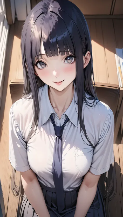 ((masterpiece,best quality anime:1.3,Best Quality)),realistic,close up of face,portrait,1woman,young adult,(dark blue hair),straight long hair,bangs,(very small head),gray eyes,(gorgeous big eyes),smile,(very long body),medium breasts,(School制服,collared wh...