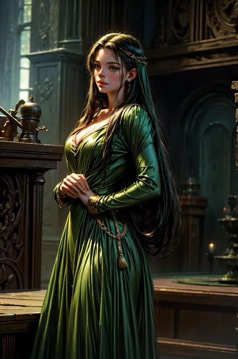 Young Liv Tyler as alluring Arwen in a green short tight dress, tempting posing, a detailed expressive painting by Ken Kelly, deviantart, movie still, reimagined by industrial light and magic