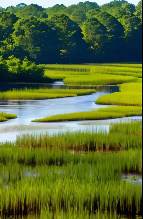 arafed view of a marshy area with a river and trees, marshes, twisted waterway, marsh, backwater bayou, incredibly beautiful, marsh vegetation, the emerald coast, by Thomas M. Baxa, by Thomas Crane, louisiana swamps, peaceful environment, bayou, swamp land...