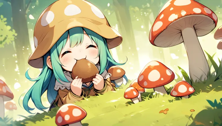 Mushroom picking、Girl、smile、Eating mushrooms