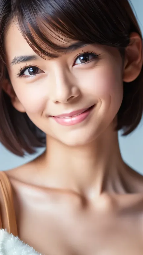 最high quality,8k,Vibrant,Sharp focus,high quality,High resolution,Middle-aged women,skinny,((Wrinkles around the eyes)),((Wrinkles around the mouth)), (whole body),(Very slim and delicate body),Short Bob Cut,A kind smile,((Small breasts)),