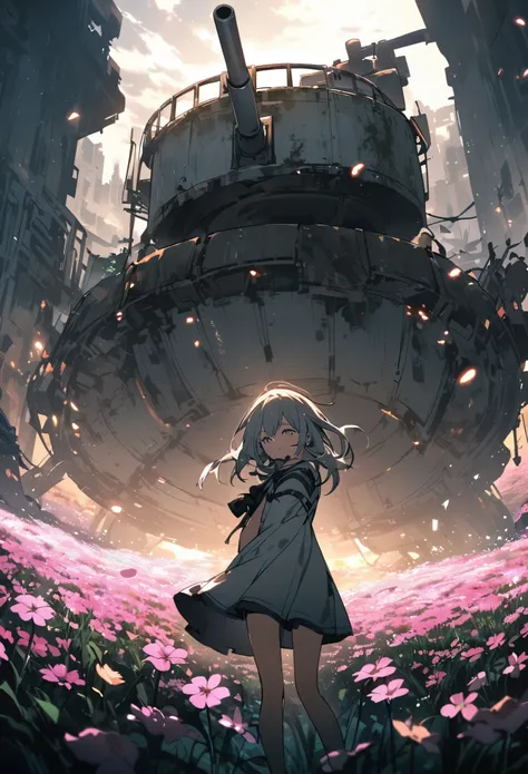 A decaying tank in the middle of a vast flower field、Girl playing