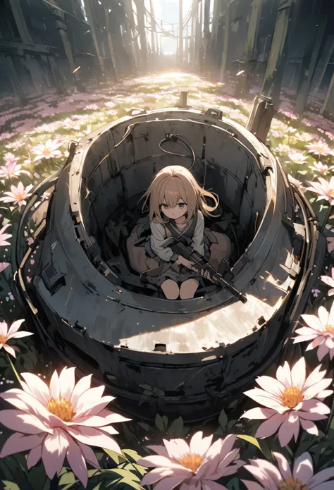 A decaying tank in the middle of a vast flower field、Girl playing