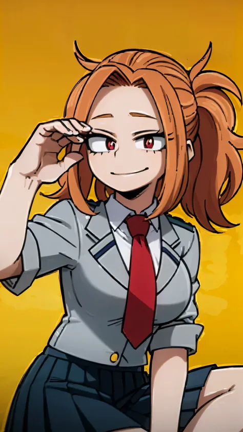 ((best quality)), ((masterpiece)), (detailed), 1girl, big breasts, smirk, long curly hair, ginger hair, magenta eyes, u.a school uniform, grey jacket, red necktie, green skirt, Horikoshi kouhei style, mlpdazzle