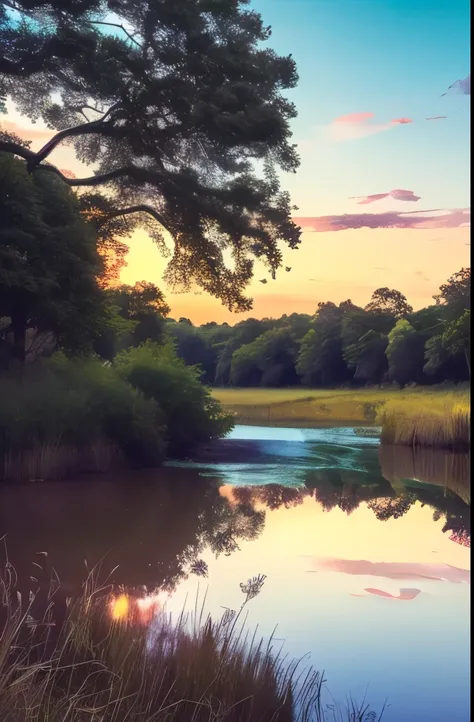 winding river, green marshlands, blue sky, scattered white clouds, vibrant colors, late afternoon, serene atmosphere, natural scenery, outdoor setting, lush vegetation, tall grasses, distant trees, clear weather, soft lighting, peaceful and picturesque lan...