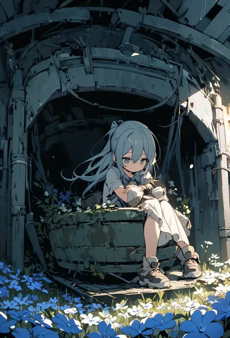 A decaying tank in the middle of a vast flower field、Girl playing