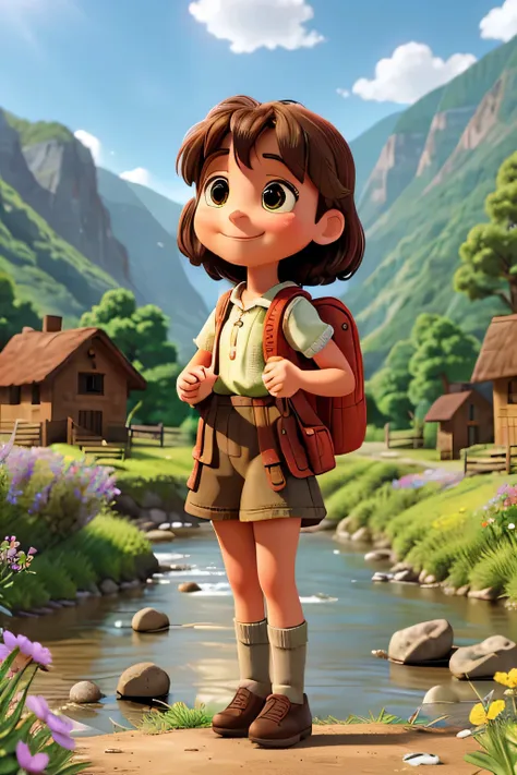  A cozy little village surrounded by green mountains with a sparkling river in the background. A young girl named Sofia, with brown hair and curious eyes, is leaving her house with a backpack on her shoulders, smiling brightly. The sun is shining in the sk...