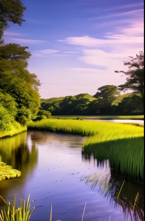 winding river, green marshlands, blue sky, scattered white clouds, vibrant colors, late afternoon, serene atmosphere, natural scenery, outdoor setting, lush vegetation, tall grasses, distant trees, clear weather, soft lighting, peaceful and picturesque lan...