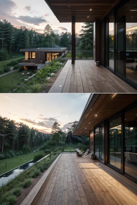 Generate a 1 highly detailed and ultra-textured modern private house, surrounded by a forest with tall pine trees. The house should seamlessly integrate into the natural environment, using contemporary architectural elements such as concrete, wood, and gla...