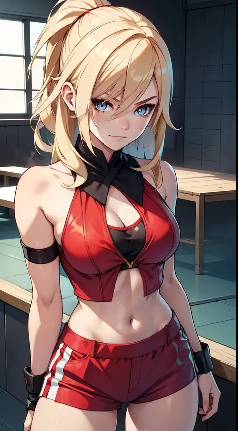 young girl, longue blonde hair, Hairpin with a bundle, turquoise eyes, Yakuza tattoos, red tight uniform, Sleeveless, Wide neckline on the chest to the abdomen, Gold Elements, Red gold armor, Shorts, claws, smirk, Masterpiece, hiquality, 4k, HD, Good detai...