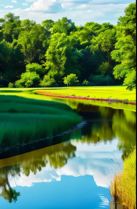 winding river, green marshlands, blue sky, scattered white clouds, vibrant colors, late afternoon, serene atmosphere, natural scenery, outdoor setting, lush vegetation, tall grasses, distant trees, clear weather, soft lighting, peaceful and picturesque lan...