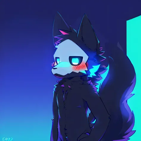 (furry art, uploaded on e621:1.4), (high quality:1.4), (detailed), (detailed face), (furry), (fur), (tail), cute, puro, puro_(changed), blushing, whole body, standing, furry legs, thin body, little mascular, neon background, blue light to face