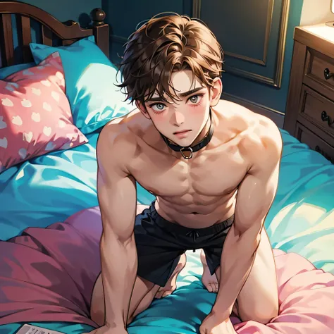 Cute brown haired ((guy)) in his underwear, shirtless, kneeling, wearing a collar, blushing and looking up. Neon colors, Looking at viewer, mouth open