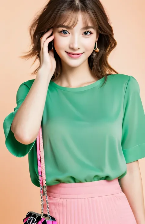 Beautiful woman with beautiful eyes and nose、Beautiful as a model、Cute as a model、Double Eyes、Use mascara regularly、Eye color: green、{{Hair Color}}: pink、Her face is delicate and elegant.、8K images、Beautiful style like a model、Normal Large 、Fresh and adora...