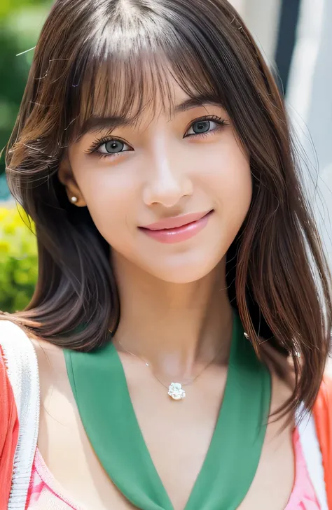 Beautiful woman with beautiful eyes and nose、Beautiful as a model、Cute as a model、Double Eyes、Use mascara regularly、Eye color: green、{{Hair Color}}: pink、Delicate and elegant features.、8K images、Beautiful style like a model、Normal Large 、Fresh and adorable...