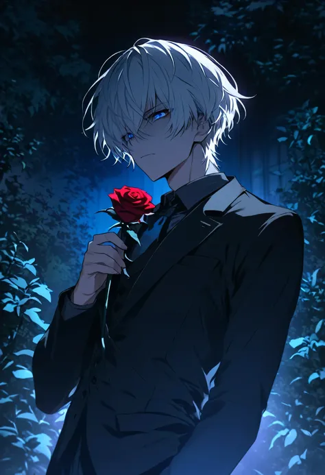 handsome, Alone, 1 male、、Attractive eyes、masterpiece, Best quality,He is looking in this direction.、White hair, short hair, Bright, deep blue eyes, Yandere, garden background, Rose, night, dark atmosphere, dark lighting, Be serious, black suit, Keep your m...