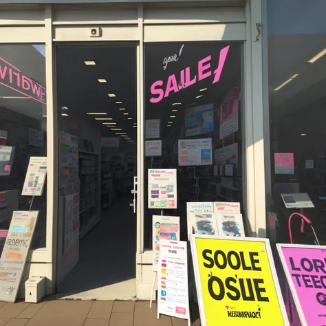 electronics store window with colorful sale signs