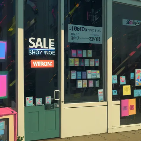 electronics store window with colorful sale signs