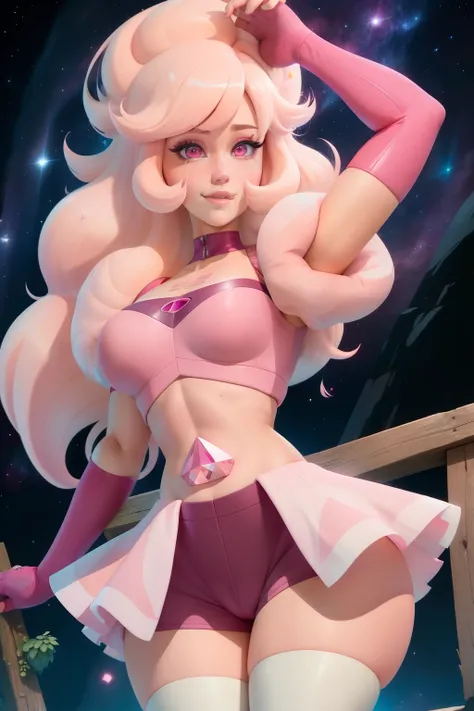 pnkdamond, pink hair, Pink eyes,  long hair,  stomach gem,  pink skin,  toned, 
puffy short sleeves, elbow gloves ,  white thighs,   Puffy Dress, 
standing, upper body, 
 outer space,  
(incredibly detailed, beautiful detailed face,beautiful detailed eyes,...