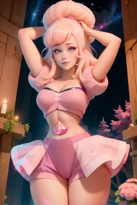 pnkdamond, pink hair, Pink eyes,  long hair,  stomach gem,  pink skin,  toned, 
puffy short sleeves, elbow gloves ,  white thighs,   Puffy Dress, 
standing, upper body, 
 outer space,  
(incredibly detailed, beautiful detailed face,beautiful detailed eyes,...