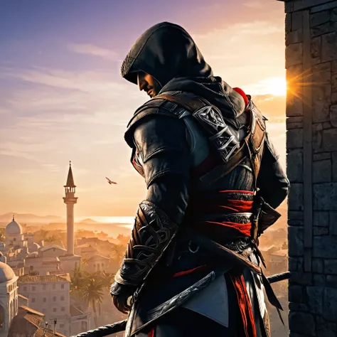 assassin's creed, ezio auditore, 1 man standing at the top of a watchtower, watching the sunset