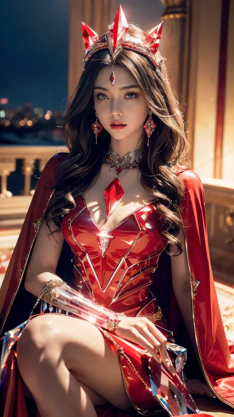 Top quality, masterpiece, ultra high definition, Original photo, 1 Girl, ((slim body)), ((wavy sardine)), cinematic lighting, very long hair, detailed eyes, wind, necklace, piercing, ((crystal dress)), ((detailed red crystal)), ((red clothing)), ((flowing ...