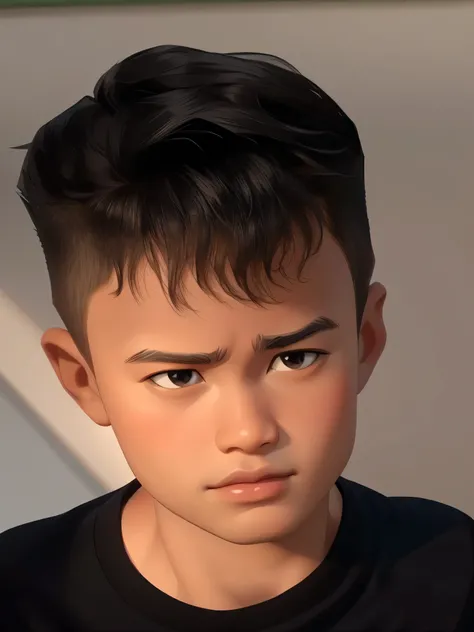 there is a young boy with a black shirt and a black tie, detailed face of a asian boy, boy has short black hair, south east asian with round face, young boy, young child, boy with neutral face, young cute face, perfect face and boy, boy hair, asian face, y...