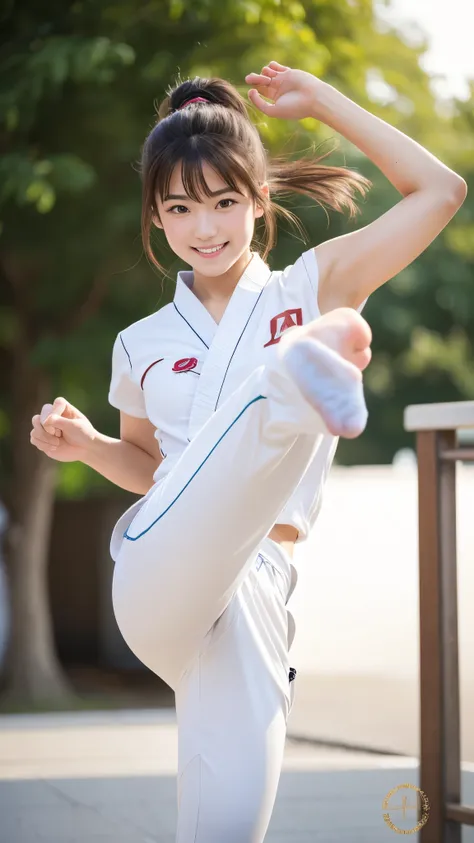 Spinning Kick, Image of the body from head to toe, Ultra-realistic photos, Beautiful young Japanese woman, Charming smile, Accurate facial depiction, Please stretch your arms, Accurate delineation of arms and legs, Dark Brown Hair, Beautiful Skin, barefoot...