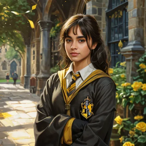 Custom Portrait of a character in Harry Potter movie of (A woman with tan skin and long, wavy black hair with bangs, dressed as a Hufflepuff, stands in the courtyard of Hogwarts School"Make the Hufflepuff emblem clearly visible on her clothes.") oil painti...