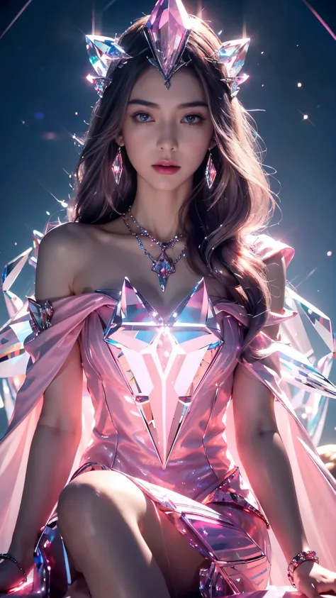 Top quality, masterpiece, ultra high definition, Original photo, 1 Girl, ((slim body)), ((wavy sardine)), cinematic lighting, very long hair, detailed eyes, wind, necklace, piercing, ((crystal dress)), ((detailed crystal)), ((pink clothing)), ((flowing cap...